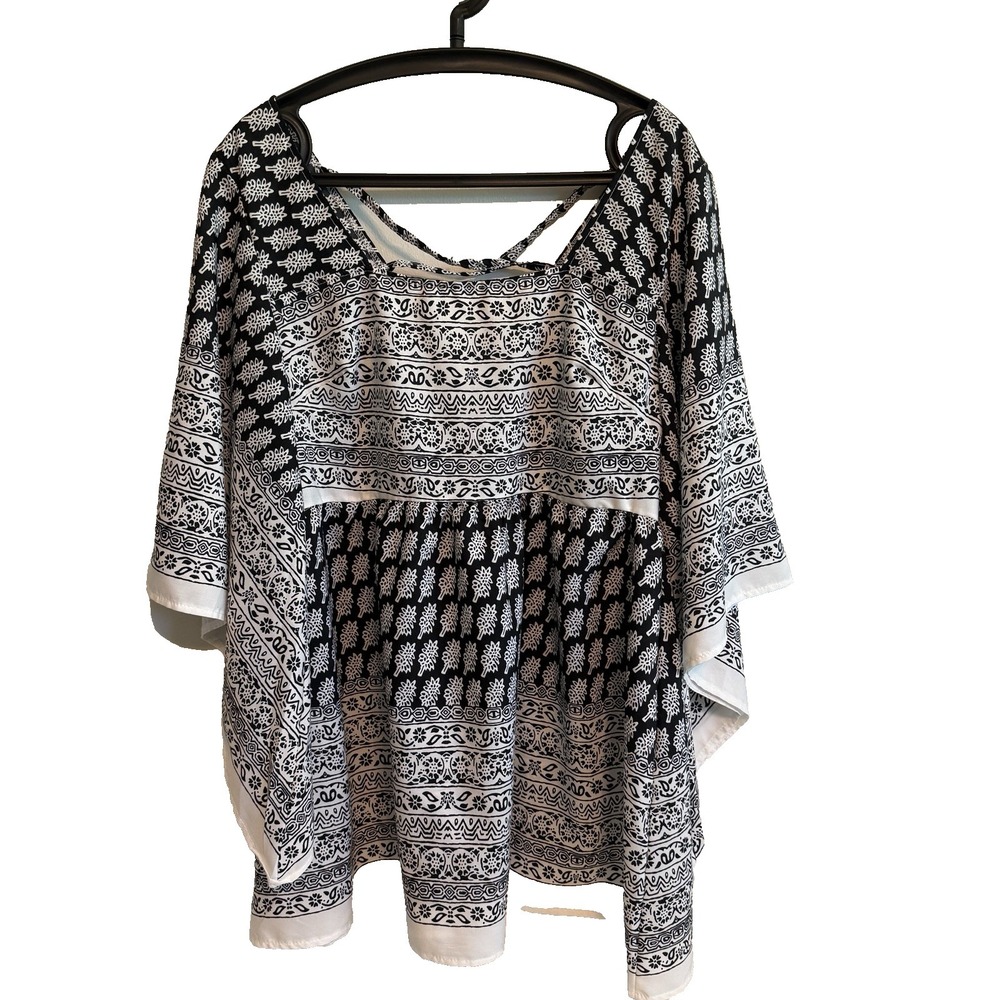 Womens Mixed Print Flowy Peasant Top 2XL Kimono Sleeves Whimsical Festival Fairy